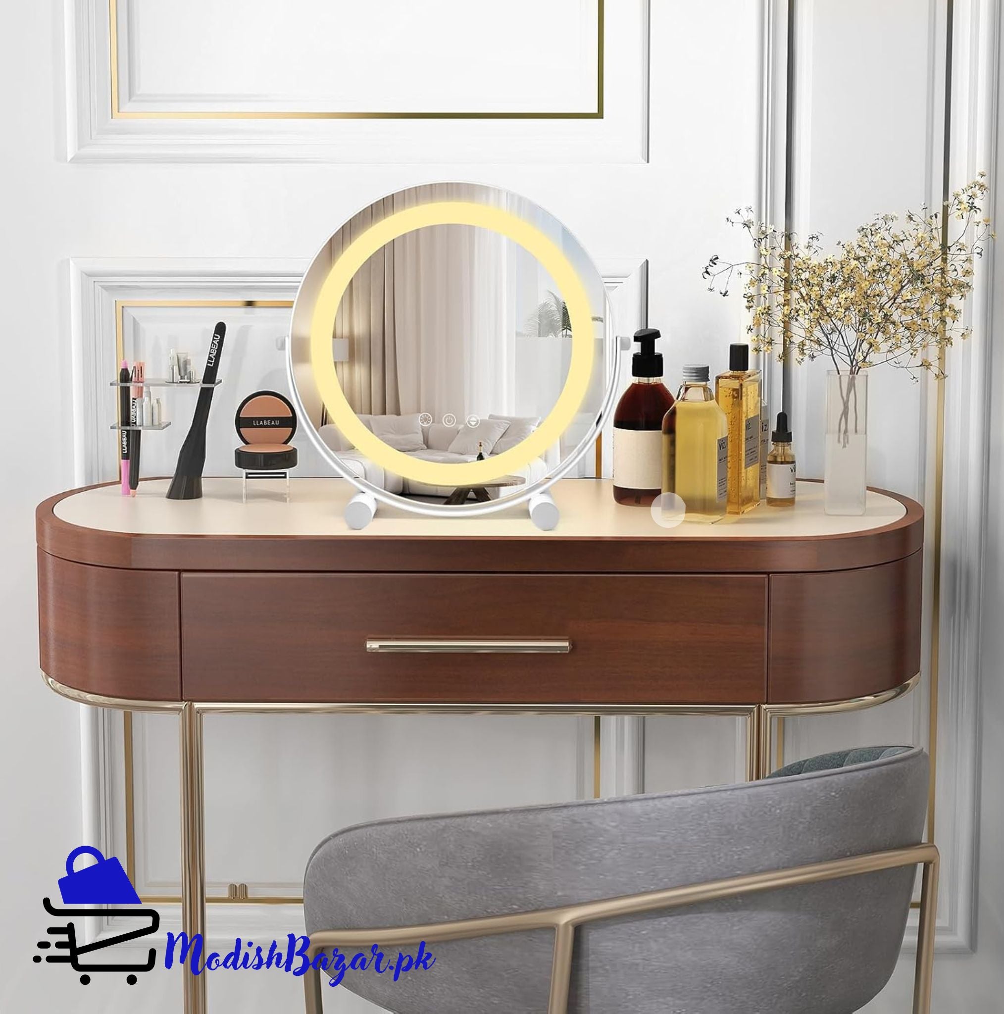 LED tabletop makeup mirror with smart touch and 360-degree rotation”

