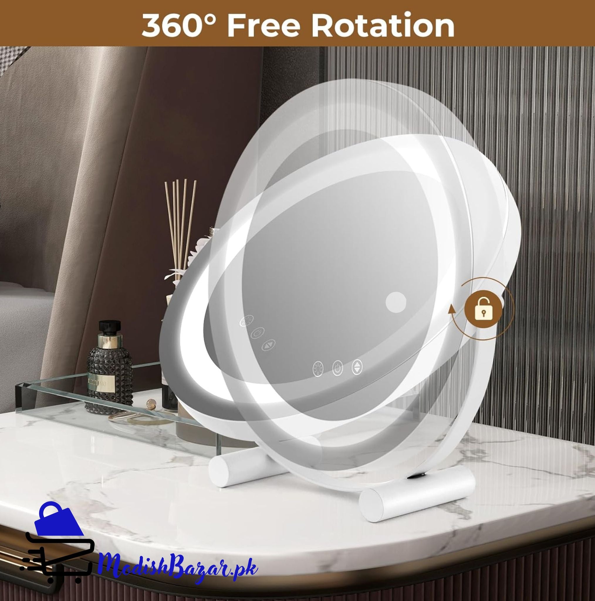 LED tabletop makeup mirror with smart touch and 360-degree rotation”

