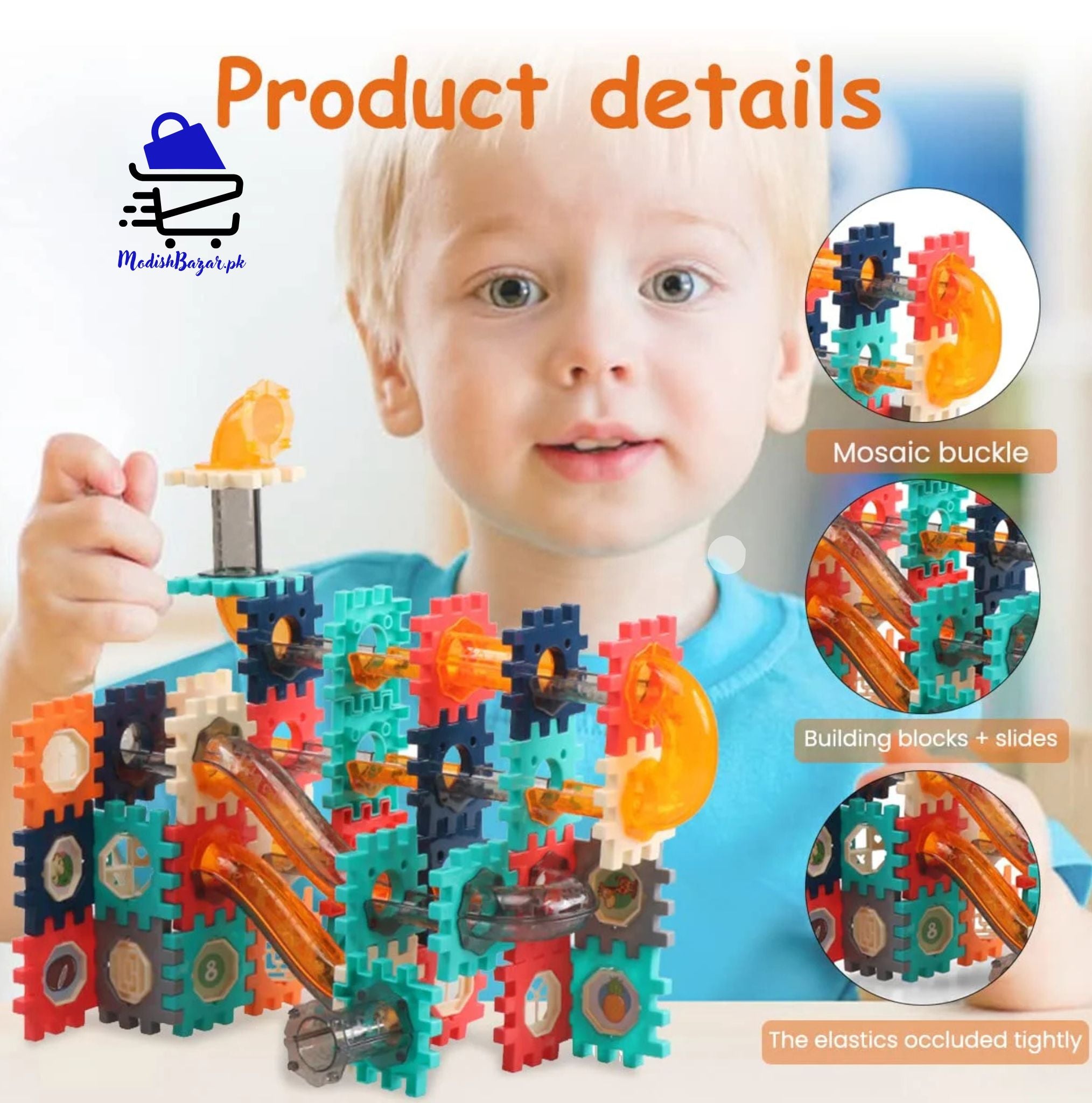 "STEM educational toy with colorful marble race tracks