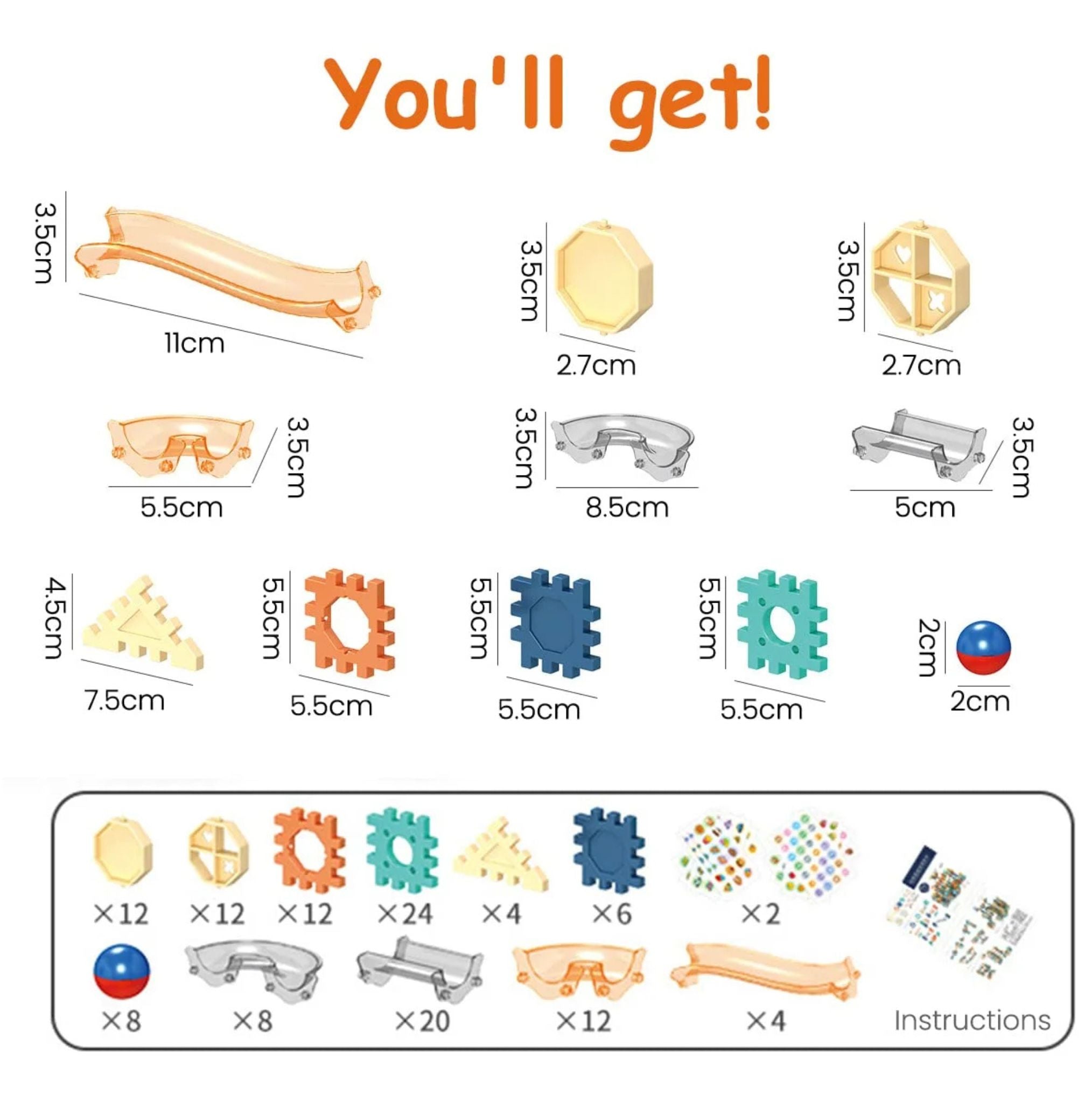 Creative play with 125-piece marble run blocks
