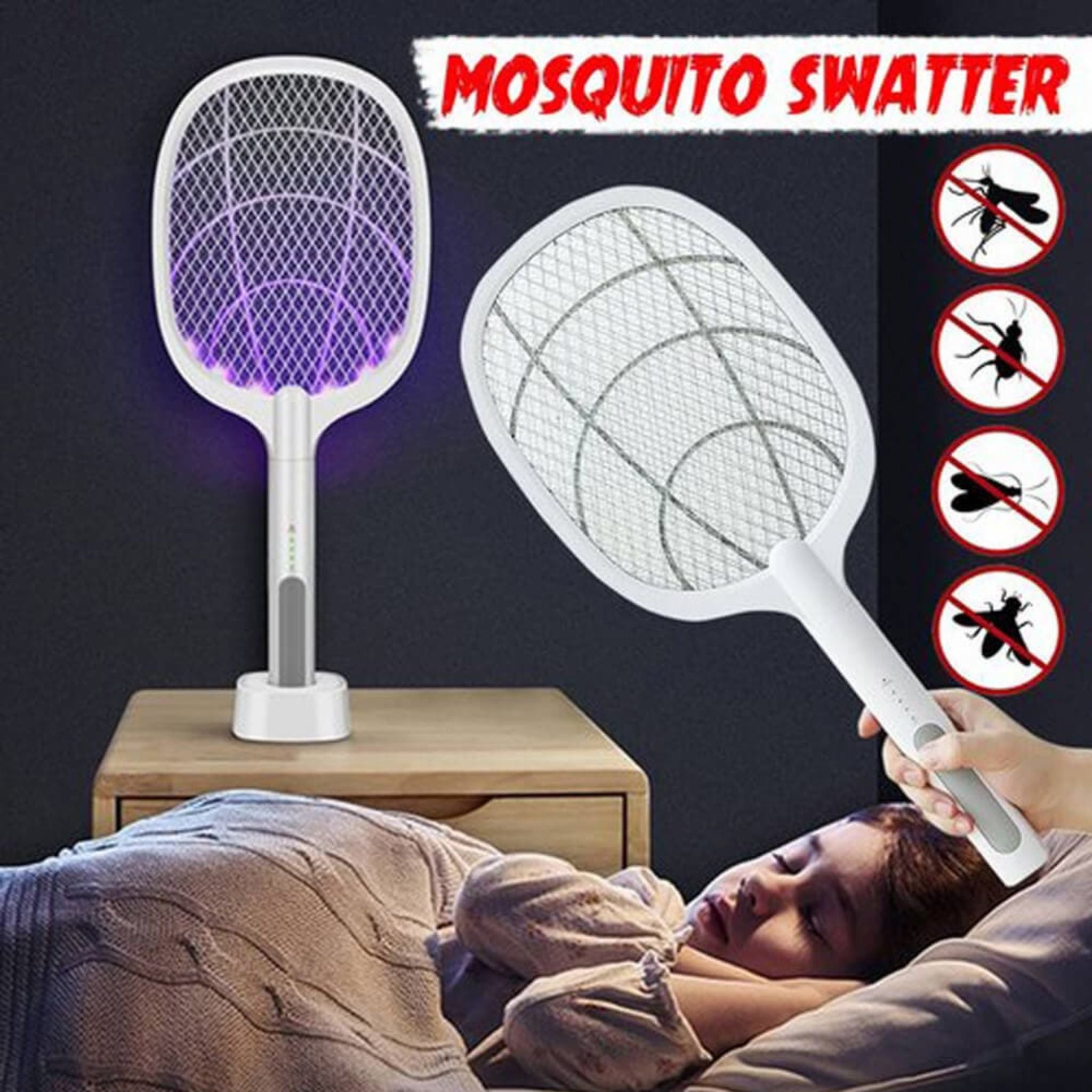 2-in-1 Electric Racket Mosquito Killer with UV Light LED Lamp